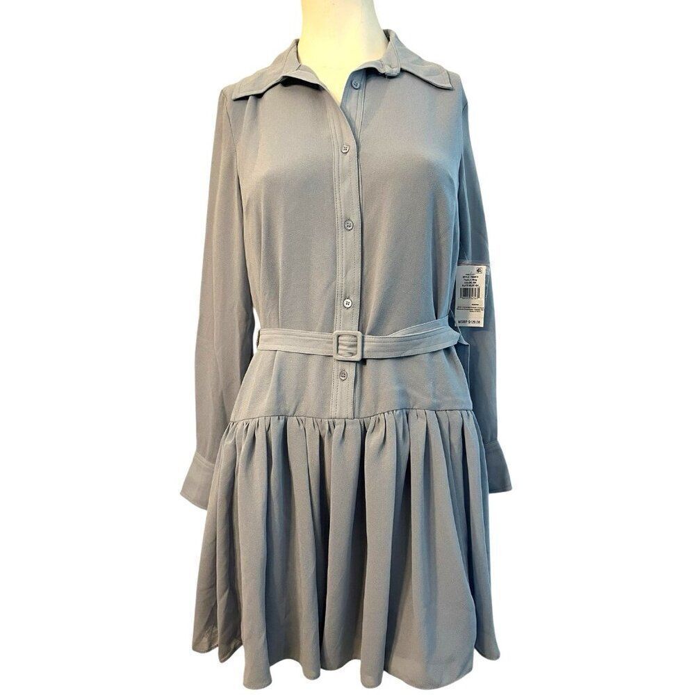 CeCe Size 2 Slate Blue Belted Shirt Dress Pleated Shirtdress Collared Button NWT